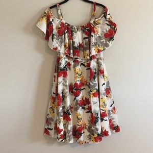 Floral Ruffle Cold-Shoulder Sundress - Red/Cream